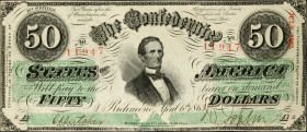 T-57. Confederate Currency. 1863 $50. Choice About Uncirculated.
No. 11947, Plate AZ.
Estimate: $200.00- $300.00