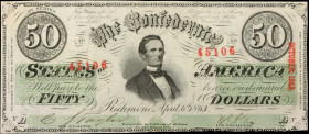 T-57. Confederate Currency. 1863 $50. Very Fine.
No. 45106, Plate AY. Cross cut cancelled with tape repairs on back.
Estimate: $100.00- $150.00
