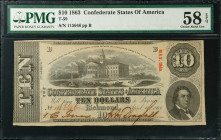 T-59. Confederate Currency. 1863 $10. PMG Choice About Uncirculated 58 EPQ.
No. 115646, Plate B. PMG comments "Cut Cancelled."
Estimate: $100.00- $1...