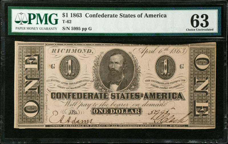 Lot of (2). T-62. Confederate Currency. 1863 $1. PMG Choice Uncirculated 63. Con...