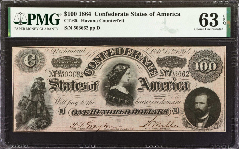 CT-65. Confederate Currency. 1864 $100. PMG Choice Uncirculated 63 EPQ. Contempo...