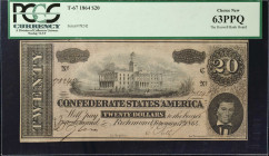 T-67. Confederate Currency. 1864 $20. PCGS Currency Choice New 63 PPQ.
No. 78242.
Estimate: $80.00- $120.00