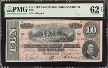 T-68. Confederate Currency. 1864 $10. PMG Uncirculated 62 EPQ.
No. 34564, Plate B. Good color stands out on this 1864 $10.
Estimate: $80.00- $120.00