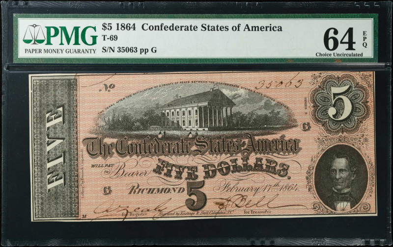 T-69. Confederate Currency. 1864 $5. PMG Choice Uncirculated 64 EPQ.
No. 35063,...
