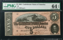 T-69. Confederate Currency. 1864 $5. PMG Choice Uncirculated 64 EPQ.
No. 35063, Plate G. Nearly Gem.
Estimate: $150.00- $250.00