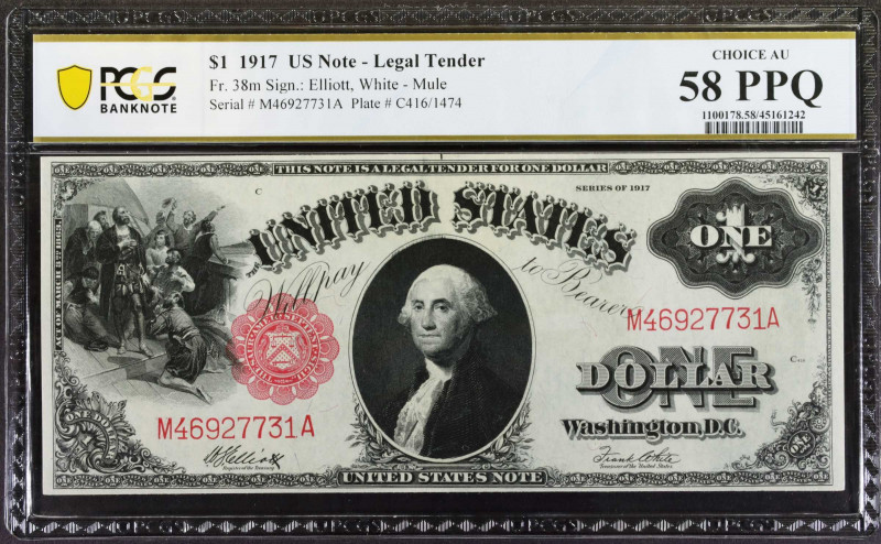 Fr. 38m. 1917 $1 Legal Tender Mule Note. PCGS Banknote Choice About Uncirculated...