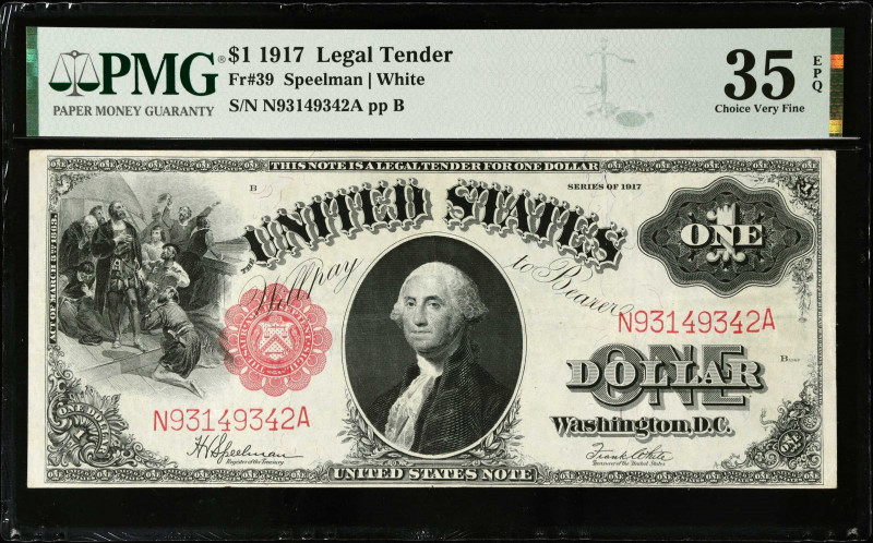 Fr. 39. 1917 $1 Legal Tender Note. PMG Choice Very Fine 35 EPQ.
A highly appeal...