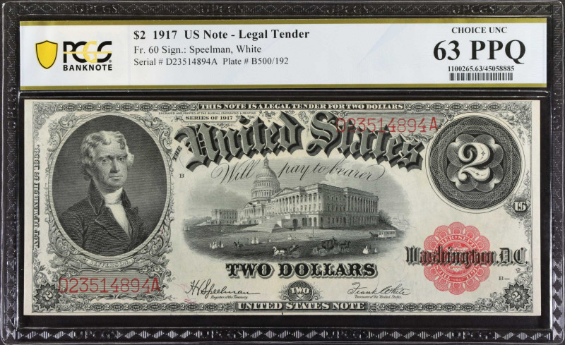 Fr. 60. 1917 $2 Legal Tender Note. PCGS Banknote Choice Uncirculated 63 PPQ.
A ...