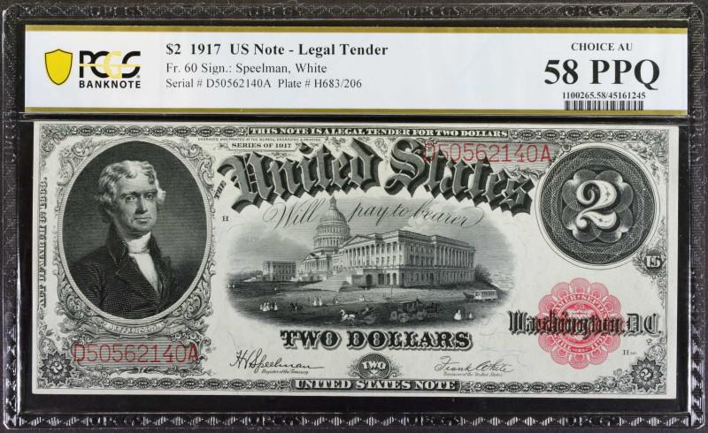 Fr. 60. 1917 $2 Legal Tender Note. PCGS Banknote Choice About Uncirculated 58 PP...