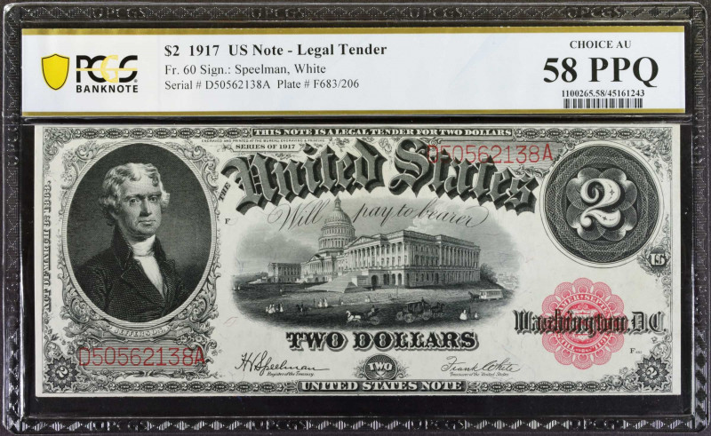 Fr. 60. 1917 $2 Legal Tender Note. PCGS Banknote Choice About Uncirculated 58 PP...