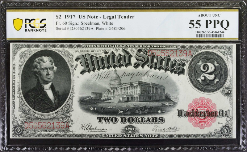 Fr. 60. 1917 $2 Legal Tender Note. PCGS Banknote About Uncirculated 55 PPQ.
The...