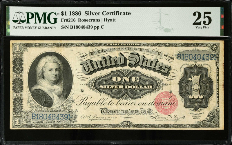 Fr. 216. 1886 $1 Silver Certificate. PMG Very Fine 25.
Rosecrans - Hyatt signat...