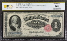 Fr. 223. 1891 $1 Silver Certificate. PCGS Banknote Choice Uncirculated 64.
Small red scalloped seal.
Estimate: $800.00- $1200.00