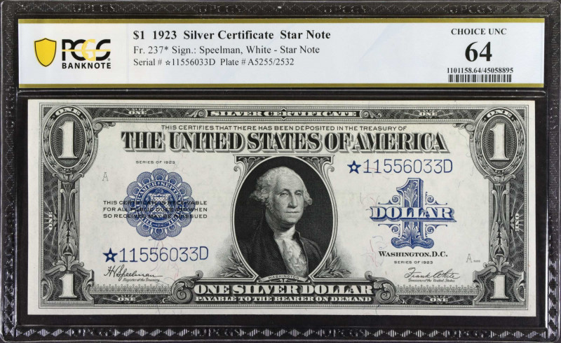 Fr. 237*. 1923 $1 Silver Certificate Star Note. PCGS Banknote Choice Uncirculate...