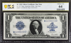 Fr. 237*. 1923 $1 Silver Certificate Star Note. PCGS Banknote Choice Uncirculated 64.
Bright paper and cool blue overprints pop on this replacement A...
