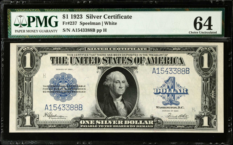 Fr. 237. 1923 $1 Silver Certificate. PMG Choice Uncirculated 64.
PMG comments "...