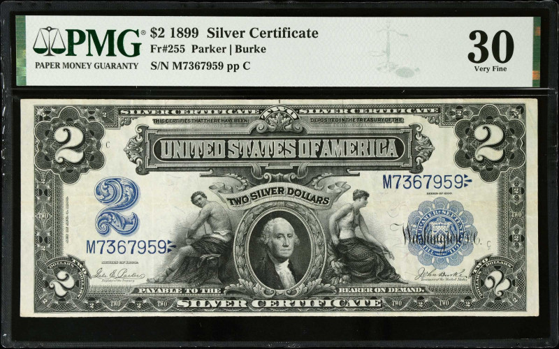 Fr. 255. 1899 $2 Silver Certificate. PMG Very Fine 30.
This mini-porthole deuce...