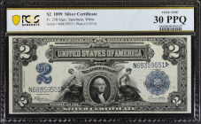 Fr. 258. 1899 $2 Silver Certificate. PCGS Banknote Very Fine 30 PPQ.
A highly attractive mid-grade example of this mini-porthole Deuce.
Estimate: $3...