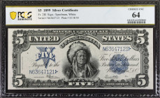 Fr. 281. 1899 $5 Silver Certificate. PCGS Banknote Choice Uncirculated 64.
This Chief boasts bright paper and a dark primary design. Always in demand...