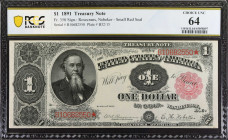 Fr. 350. 1891 $1 Treasury Note. PCGS Banknote Choice Uncirculated 64.
Small red seal. A lovely CU example of this Open Back Ace.
Estimate: $800.00- ...