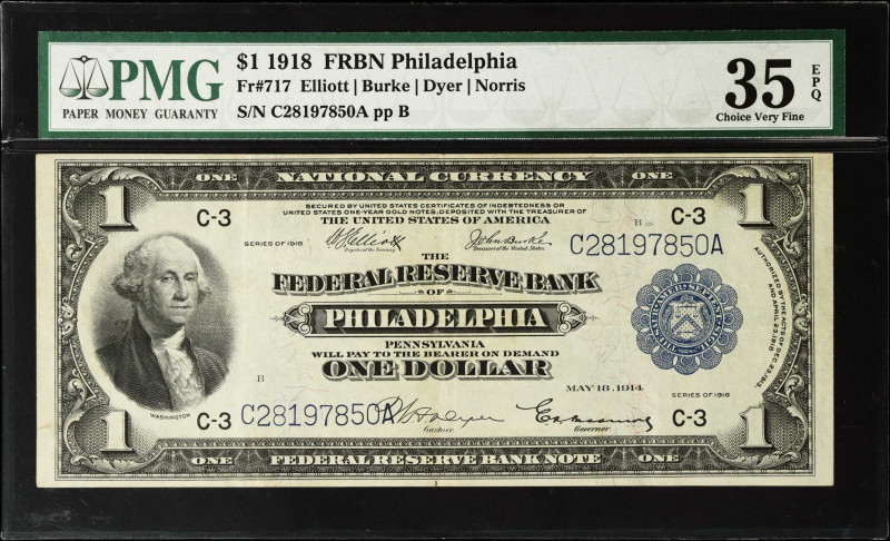Fr. 717. 1918 $1 Federal Reserve Bank Note. Philadelphia. PMG Choice Very Fine 3...