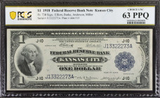Fr. 738. 1918 $1 Federal Reserve Bank Note. Kansas City. PCGS Banknote Choice Uncirculated 63 PPQ.
This Green Eagle Ace boasts original paper.
Estim...