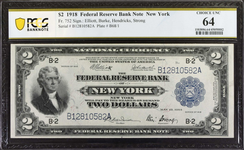 Fr. 752. 1918 $2 Federal Reserve Bank Note. New York. PCGS Banknote Choice Uncir...