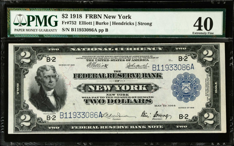 Fr. 752. 1918 $2 Federal Reserve Bank Note. New York. PMG Extremely Fine 40.
A ...