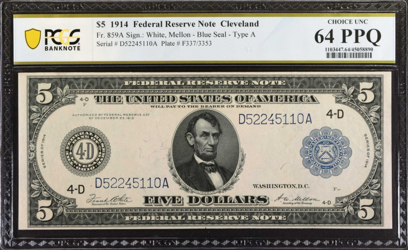 Fr. 859a. 1914 $5 Federal Reserve Note. Cleveland. PCGS Banknote Choice Uncircul...