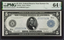 Fr. 883a. 1914 $5 Federal Reserve Note. Kansas City. PMG Choice Uncirculated 64 EPQ.
A visually attractive example of this nearly Gem Kansas City $10...