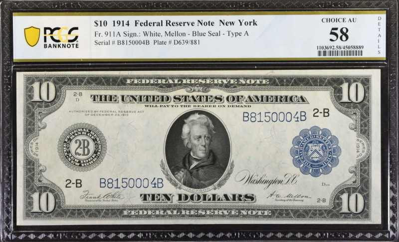 Fr. 911A. 1914 $10 Federal Reserve Note. New York. PCGS Banknote Choice About Un...