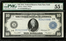 Fr. 911a. 1914 $10 Federal Reserve Note. New York. PMG About Uncirculated 55 EPQ.
Cool blue overprints and vibrant security threads pop on this $10 F...