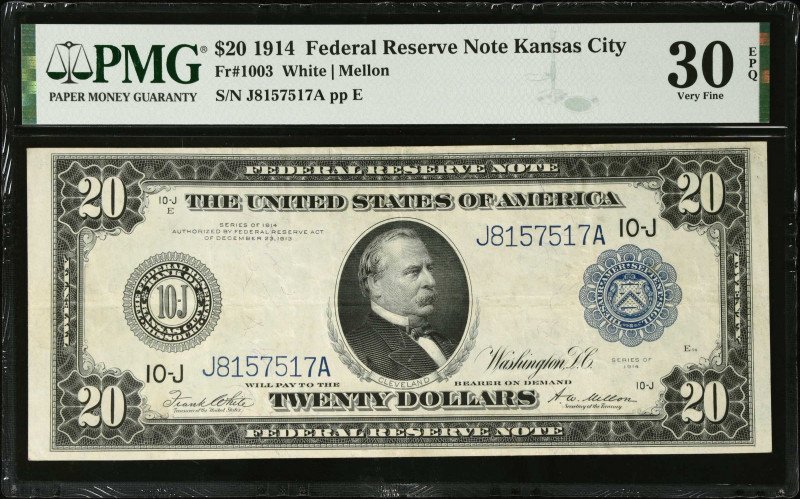 Fr. 1003. 1914 $20 Federal Reserve Note. Kansas City. PMG Very Fine 30 EPQ.
Est...