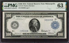 Fr. 1116. 1914 $100 Federal Reserve Note. Minneapolis. PMG Choice Uncirculated 63.
This Minneapolis $100 is offered here in a highly appealing CU gra...