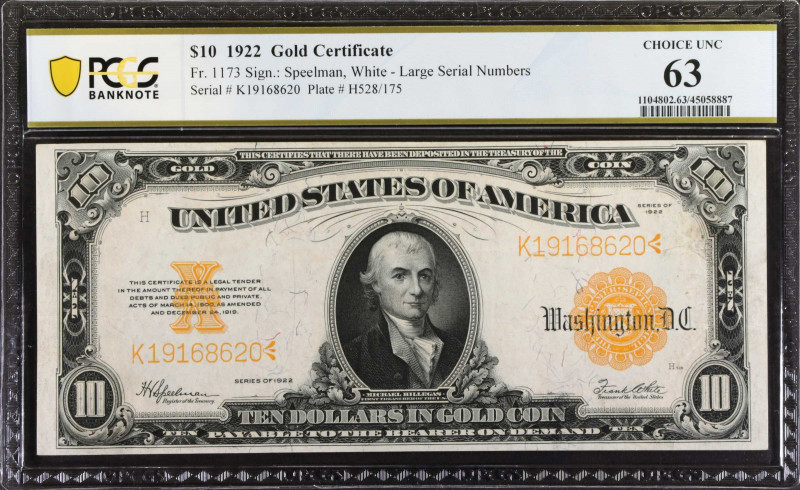 Fr. 1173. 1922 $10 Gold Certificate. PCGS Banknote Choice Uncirculated 63.
Larg...