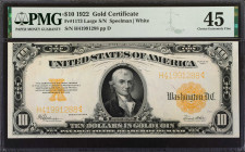 Fr. 1173. 1922 $10 Gold Certificate. PMG Choice Extremely Fine 45.
Large serial number variety. An appealing mid-grade offering of this $10 Gold, whi...