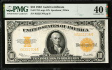 Fr. 1173. 1922 $10 Gold Certificate. PMG Extremely Fine 40 EPQ.
Large serial number variety. Bright and fully original paper is offered on this made-...