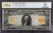 Fr. 1186. 1906 $20 Gold Certificate. PCGS Banknote Choice Very Fine 35.
A mid-grade example of this popular Gold Certificate.
Estimate: $500.00- $70...