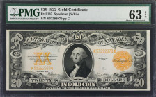 Fr. 1187. 1922 $20 Gold Certificate. PMG Choice Uncirculated 63 EPQ.
A bright example of this popular gold certificate type.
Estimate: $1250.00- $17...