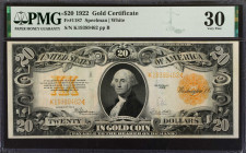 Fr. 1187. 1922 $20 Gold Certificate. PMG Very Fine 30.
This denomination is quite popular among collectors, and this example is sure to attract atten...
