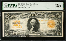 Fr. 1187. 1922 $20 Gold Certificate. PMG Very Fine 25.
Estimate: $300.00- $500.00