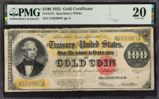Fr. 1215. 1922 $100 Gold Certificate. PMG Very Fine 20.
A Very Fine example of this 1922 $100. At left is a portrait of "Old Bullion" Thomas Hart Ben...