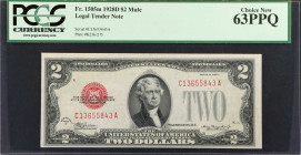 Fr. 1505m. 1928D $2 Legal Tender Mule Note. PCGS Currency Choice New 63 PPQ.
Back plate 275. Mule.
Estimate: $50.00- $70.00