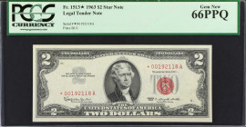 Fr. 1513*. 1963 $2 Legal Tender Star Note. PCGS Currency Gem New 66 PPQ.
Attractive margins and pack fresh appeal are found on this replacement.
Est...