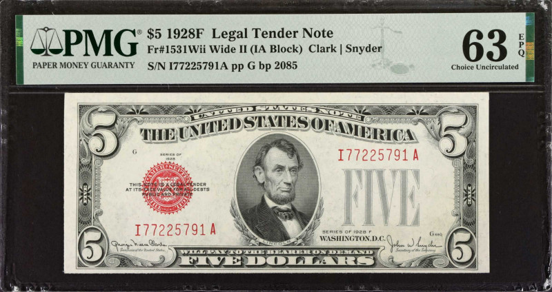 Fr. 1531Wii. 1928F $5 Legal Tender Note. Wide II. PMG Choice Uncirculated 63 EPQ...