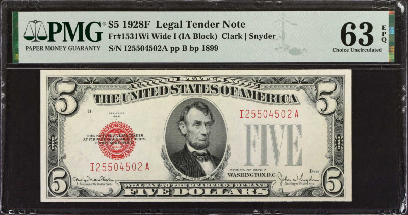 Fr. 1531Wi. 1928F $5 Legal Tender Note. Wide I. PMG Choice Uncirculated 63 EPQ....