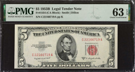 Lot of (3). Fr. 1534 & 1536. 1953B-63 $5 Legal Tender Notes. PMG Choice Uncirculated 63 EPQ & Gem Uncirculated 66 EPQ.
A trio of $5 Legals, two of wh...