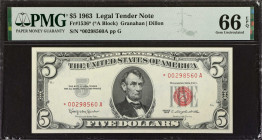 Fr. 1536*. 1963 $5 Legal Tender Star Note. PMG Gem Uncirculated 66 EPQ.
Ruby red overprints, wide margins and pack fresh appeal stand out on this $5....
