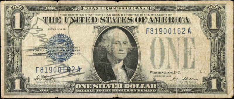 Fr. 1600. 1928 $1 Silver Certificate. Fine.
This note has an unconfirmed signat...