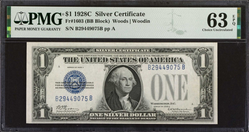 Fr. 1603. 1928C $1 Silver Certificate. PMG Choice Uncirculated 63 EPQ.
BB Block...